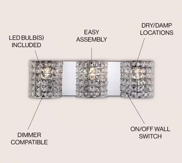 JONATHAN Y Clara Deco 24 in. 3-Light Metal/Crystal Classic Glam LED Vanity Light, Chrome JYL7544A