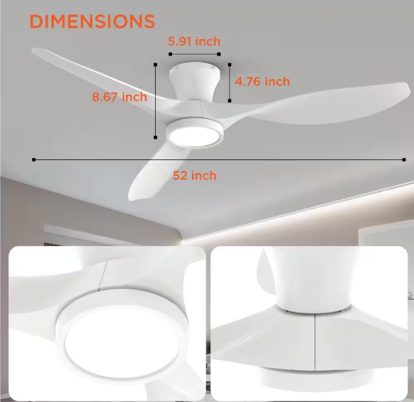 QRMOK R3 52 in. Indoor Ceiling Fan with Light and Remote Flush Mount Low Profile,Quiet Reversible DC Motor, 3 CCT Light,White TLY52-WE-3X-R3