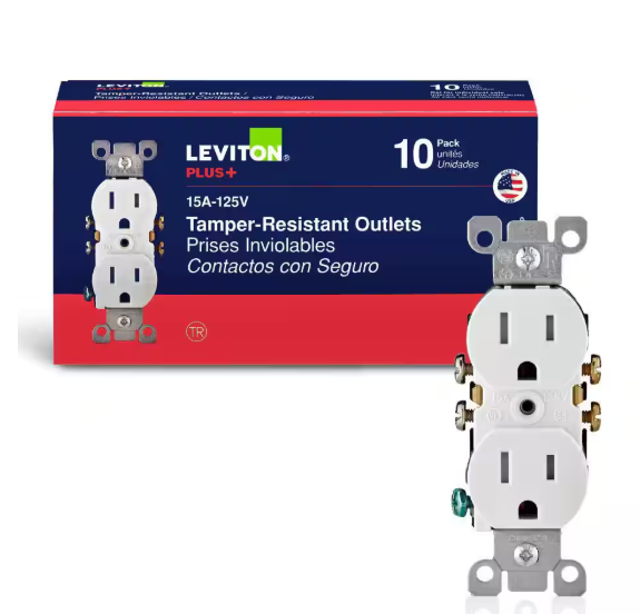 Leviton 15 Amp 125 V Tamper Resistant Duplex Outlet/Receptacle, White (10-Pack) T5320-WMP