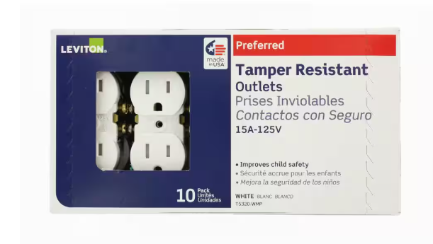 Leviton 15 Amp 125 V Tamper Resistant Duplex Outlet/Receptacle, White (10-Pack) T5320-WMP