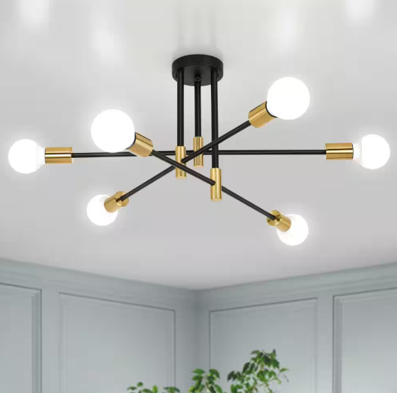 LWYTJO 27.56 in. 6-Light Black/Brass Dimmable Sputnik Chandelier Modern Linear Semi Flush Mount Ceiling Light for Living Room X0084-6-B+BR-UL