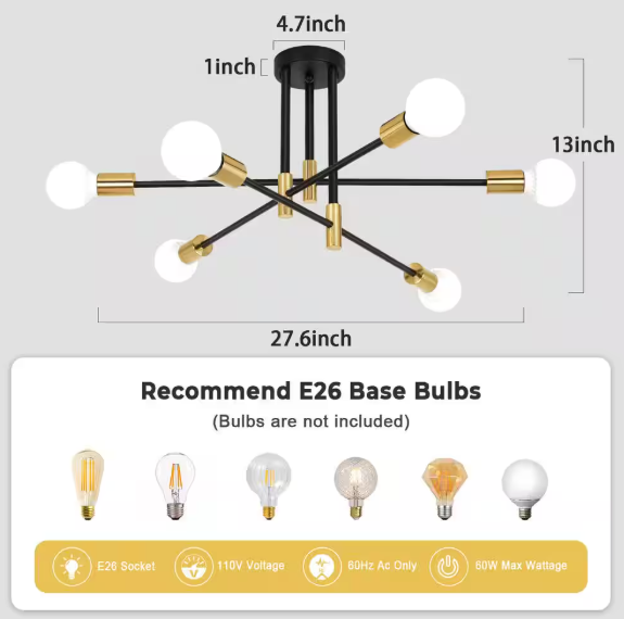 LWYTJO 27.56 in. 6-Light Black/Brass Dimmable Sputnik Chandelier Modern Linear Semi Flush Mount Ceiling Light for Living Room X0084-6-B+BR-UL
