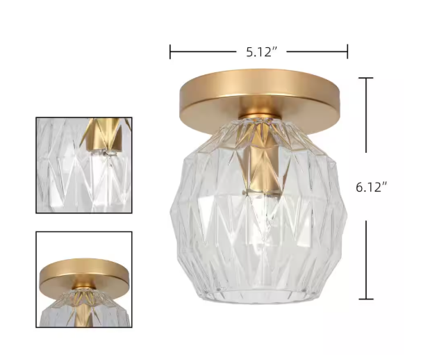 Alsy 5 in. 1-Light Soft Gold Transitional Flush Mount with Faceted Clear Glass Shade and No Bulbs Included