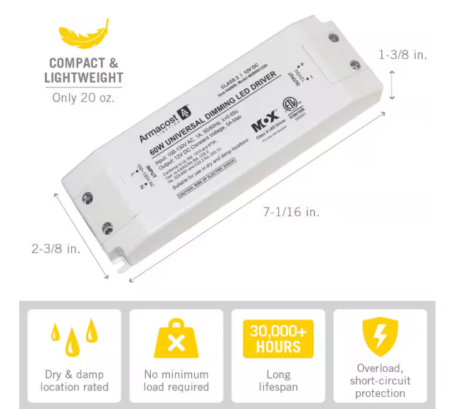 Armacost Lighting Universal 60-Watt Dimming LED Driver, 12-Volt DC Power Supply for LED Tape Light Strips and Other LED 12-Volt Lighting 840600
