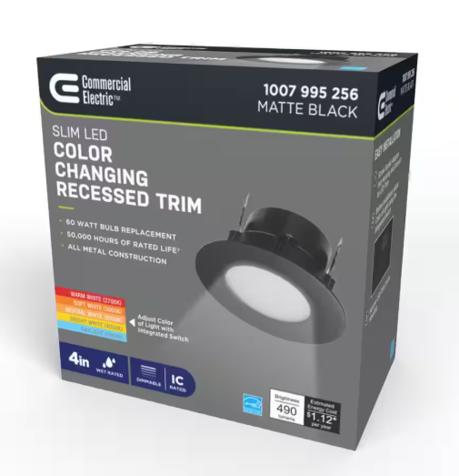 Commercial Electric Slim 4 in. Retro Fit Selectable Color Recessed Integrated LED Black 91978