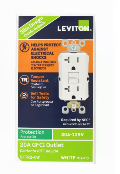 Leviton 20 Amp 125-Volt Duplex SmarTest Self-Test SmartlockPro Tamper Resistant GFCI Outlet, White (4-Pack) GFTR2-4W