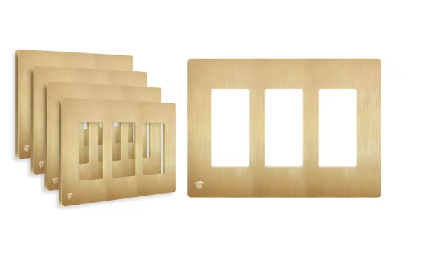 3-Gang Decorator Rocker Plastic Screwless Wall Plate, Brushed Gold (5-Pack)