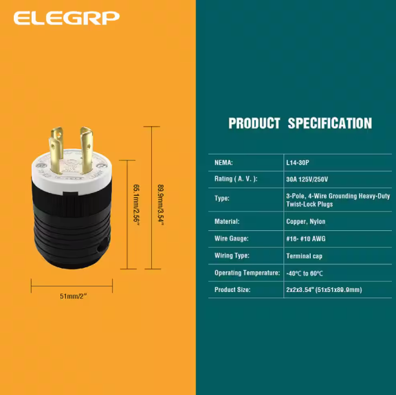 ELEGRP 30 Amp 125-Volt/250-Volt NEMA L14-30P Locking Plug, Industrial Grade Grounding Heavy Duty, Black/White L1430P
