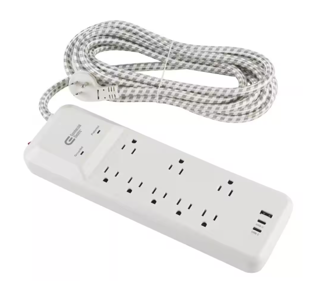 Commercial Electric 12 ft. 8-Outlet Surge Protector Braided Cord with 1 USB-A and 2 USB-C, White