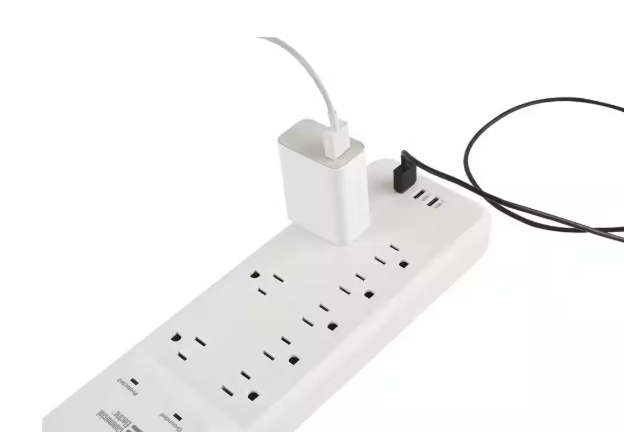 Commercial Electric 12 ft. 8-Outlet Surge Protector Braided Cord with 1 USB-A and 2 USB-C, White