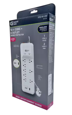 Commercial Electric 12 ft. 8-Outlet Surge Protector Braided Cord with 1 USB-A and 2 USB-C, White