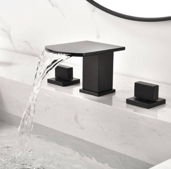 AIMADI 8 in. Widespread Double Handle Waterfall Bathroom Faucet with Valve 3-Hole Brass Bathroom Sink Taps in Matte Black BXL-MB-096