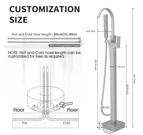 BWE Waterfall Single Handle Floor Mount Freestanding Tub Faucet Bathtub Filler with Hand Shower in Brushed Nickel A-97011-N