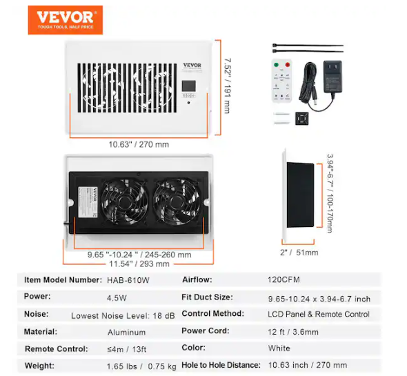VEVOR 6 in. x 10 in. Register Booster Fan, Quiet Vent Booster Fan Fits Register Holes for Heating Cooling Smart Vent, White ZCZTQFSB610IN13HLV5