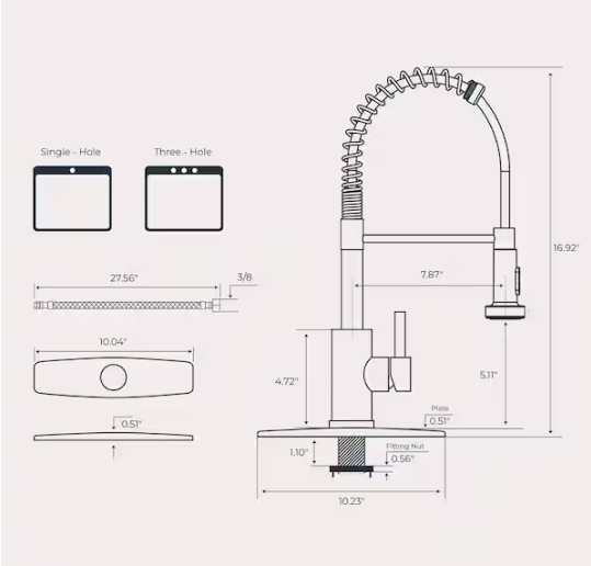 androme Single-Handle Pull Down Sprayer Coil Spring Gooseneck Kitchen Faucet with Deckplate Stainless Steel in Brushed Nickel H51000BN