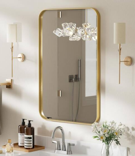 HOMEIBRO 22 in. W x 30 in. H Tempered Glass Rounded Rectangle Framed Wall-Mounted Bathroom Vanity Mirror in Gold