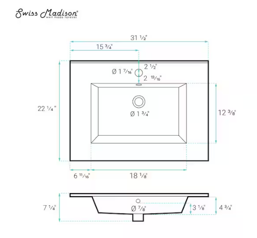 Swiss Madison Voltaire 31 in. Vanity Top in Glossy White with 1-Basin SM-VT328