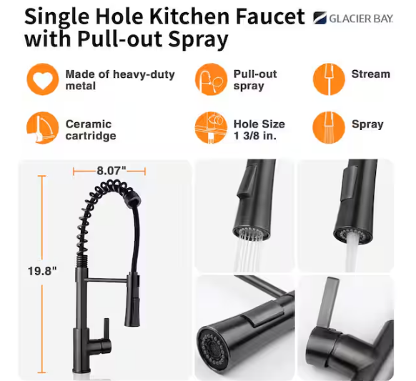 Glacier Bay 30 in. Drop-In Single Bowl 18 Gauge Black Stainless Steel Workstation Kitchen Sink with Black Spring Neck Faucet ACS3022A1T-FWB