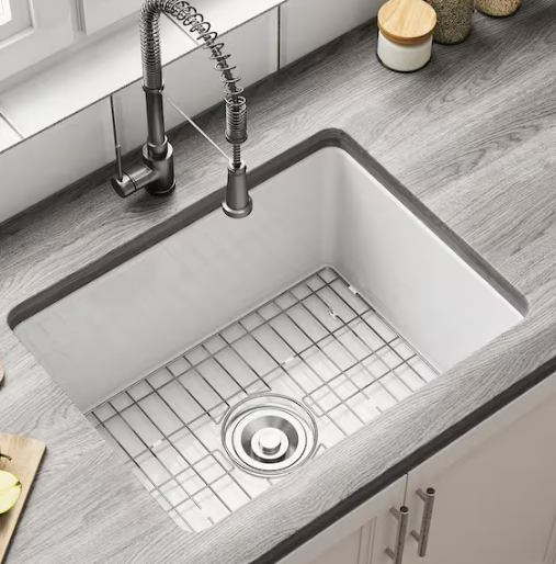 HOROW Undermount Fireclay 24 in. Single Bowl Kitchen Sink with Bottom Grid and Strainer in White HR-US2419W