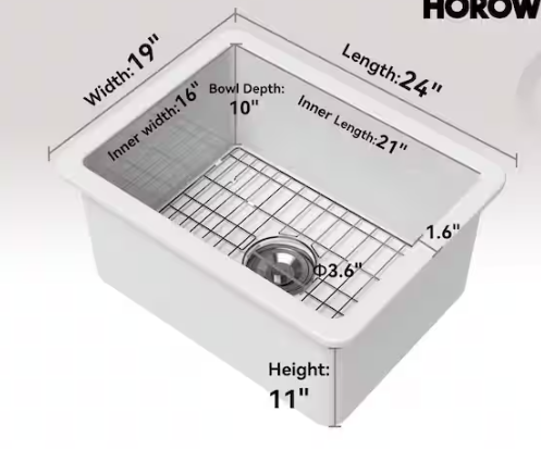 HOROW Undermount Fireclay 24 in. Single Bowl Kitchen Sink with Bottom Grid and Strainer in White HR-US2419W