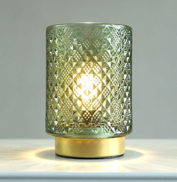 Battery Operated Lamp with Timer, Small Table Lamp for Shelf Decor, Glass Cordless Lamps Bedside Cozy Light for Living Room/Coffee Table/Entryway Diamond Design-Green (BBD Boutique)