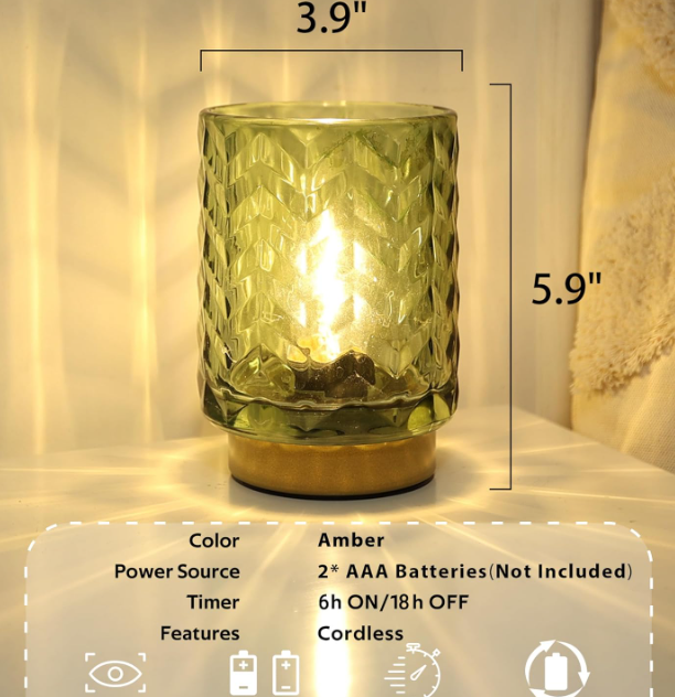 Battery Operated Lamp Cozy Bedside Ambience, Small Vintage Cordless Table Lamp for Shelf Office Desk, Glass Decorative Accent Lamp for Living Room/Entryway/Dorm Wave Design-Green (BBD Boutique)
