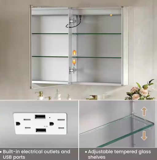 HOMEIBRO 20 in. W x 26 in. H Rectangular Aluminum Medicine Cabinet with Mirror L-LEDAMC-2026