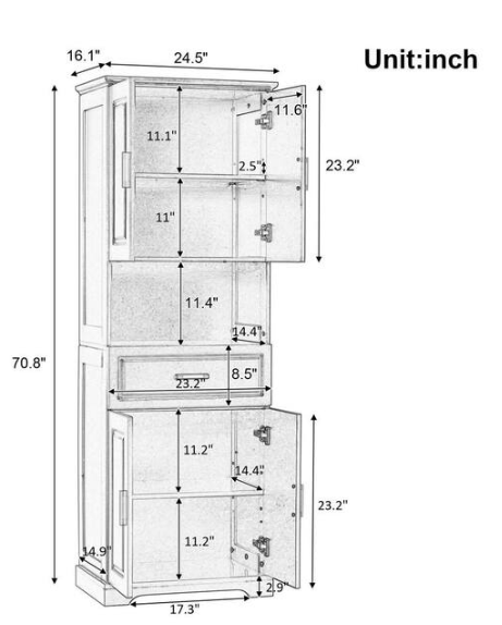 YSQCAR 24.5 in. W x 16 in. D x 71 in. H Black MDF Freestanding Linen Cabinet with Door and Drawers, Adjustable Shelf