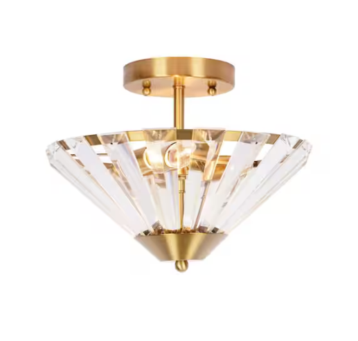 Alsy 11 in. 2-Light Brushed Gold Plated Transitional Semi-Flush Mount with Clear Glass Faceted Shade and No Bulbs Included