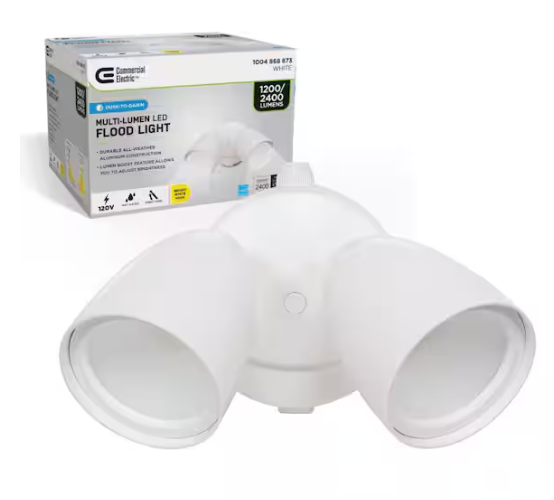 Commercial Electric Dusk to Dawn Sensor White Exterior Outdoor Twin Head LED Flood Light Security 1200 to 2400 Lumens 4000K Wet Rated