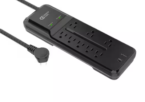 Commercial Electric- 12 ft. Braided Cord 8-Outlet Surge Protector with 1 USB and 1 USB-C, Black