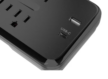 Commercial Electric- 12 ft. Braided Cord 8-Outlet Surge Protector with 1 USB and 1 USB-C, Black