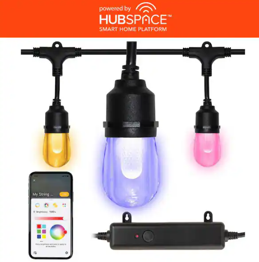 Hampton Bay- Smart Black 12-Light 24 ft. Indoor/Outdoor Plug-in Integrated LED RGBW String Light with Party Mode Powered by Hubspace