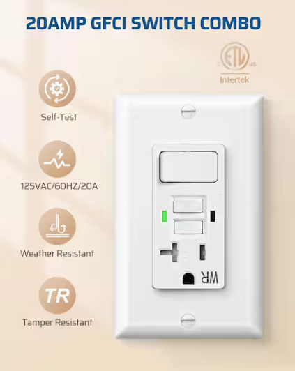DEWENWILS White 20A GFCI Switch Outlet Combo, Tamper-Resistant, Weather Resistant, Self-Test with LED Indicator