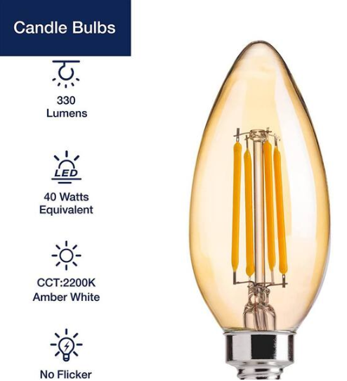 40-Watt Equivalent B11 E12 Warm White (Less Than 2700K) Dimmable LED Candle Bulbs, Amber Glass (12-Pack)
