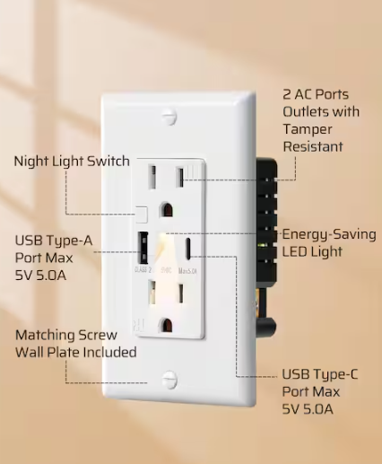 DEWENWILS USB Outlet with LED Night Light, Tamper-Resistant USB Wall Outlets with USB-A and USB-C Ports, Wall Plate