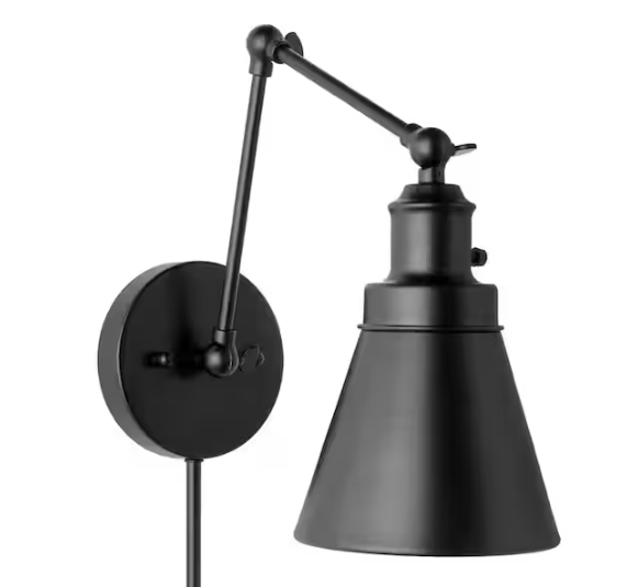 Hampton Bay 1-Light Black Plug-In/Hardwired Swing Arm Wall Lamp with 6 ft. Fabric Cord