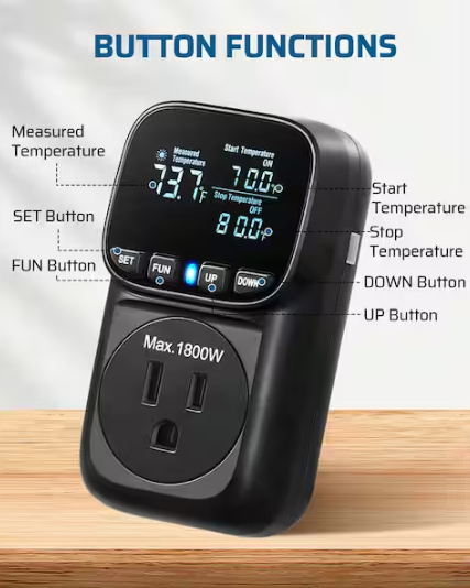 15 Amp 120 Volt 1440 Min Countdown Indoor Plug-In Digital Temperature Controller Programmable Smart Timer-Black