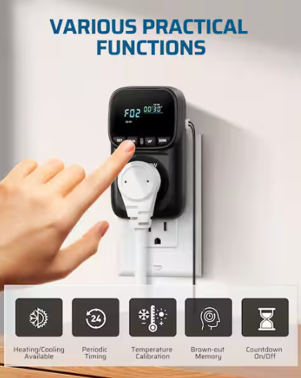 15 Amp 120 Volt 1440 Min Countdown Indoor Plug-In Digital Temperature Controller Programmable Smart Timer-Black