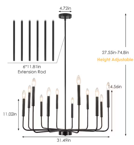 LWYTJO 12-Light Black Farmhouse Candle Chandelier for Bedroom with No Bulbs Included