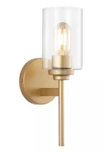 JONATHAN Y Juno 13 in. 1-Light Brass Gold Farmhouse Industrial Iron Cylinder LED Wall Sconce Vanity Light