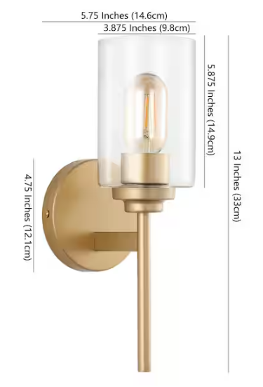 JONATHAN Y Juno 13 in. 1-Light Brass Gold Farmhouse Industrial Iron Cylinder LED Wall Sconce Vanity Light