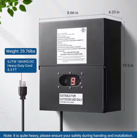 Low Voltage 600-Watt Metal Landscape Lighting Transformer with Timer and Photocell Sensor