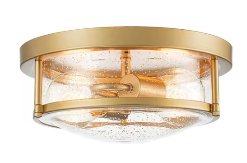 HUOKU Lumin 11.8 in. 2-Light Gold Flush Mount with Drum Seeded Glass Shade Dimmable Ceiling Light
