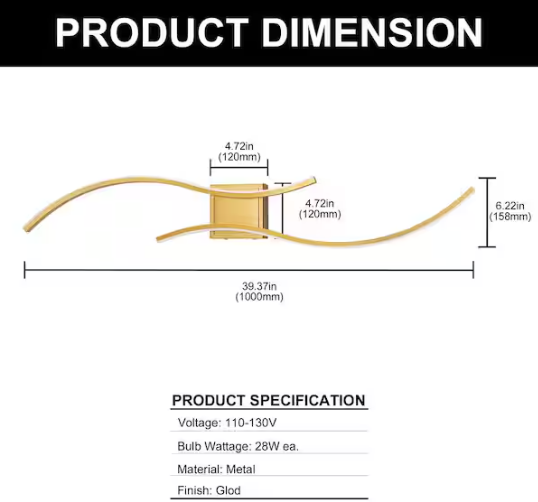 YANSUN 40 in. 2-Light Modern Gold Wall Sconce Over Mirror, Dimmable LED Bathroom Vanity Light for Living Room