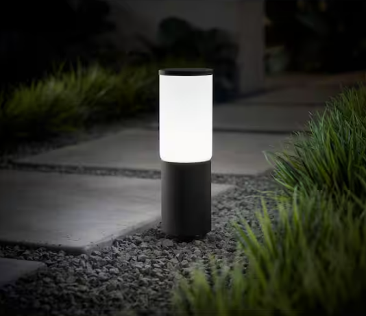 (MISSING GROUND STAKE)Hampton Bay- Hartford 351 Lumen Low Voltage Millennium Black LED Smart Outdoor Bollard Light Powered by Hubspace