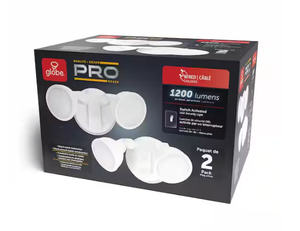Globe Electric- 100-Watt Equivalent 1200-Lumen Outdoor Exterior White Switch Activated 2-Head Integrated LED Security Flood Light (2-Pk)