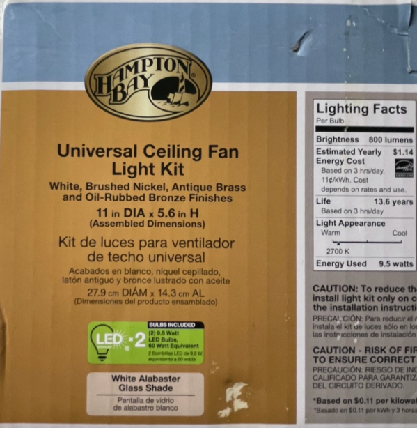 Hampton Bay Universal LED Ceiling Fan Light Kit Multiple Finials included