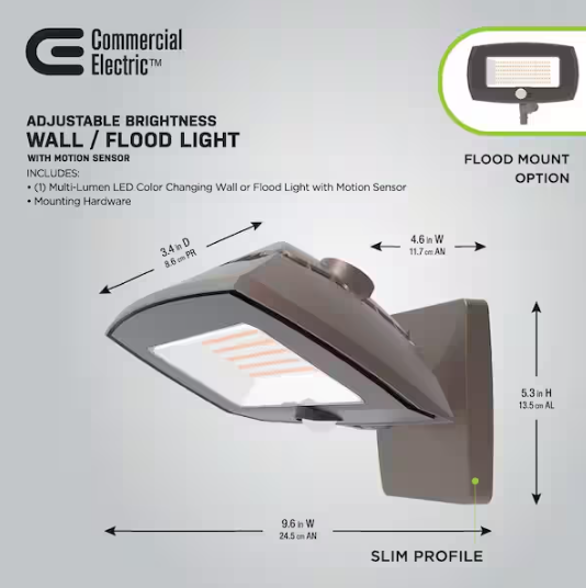 Commercial Electric- ARFL 400-Watt Equivalent, 8000 Lumens, Selectable CCT, Integrated LED, Arch Wall Flood Light with Motion, Bronze