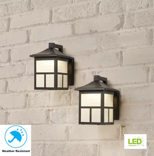 Hampton Bay- 8 in. Black Integrated LED Hardwired Outdoor Wall Light Lantern Sconce Fixture with Frosted Textured Glass (2-Pack)